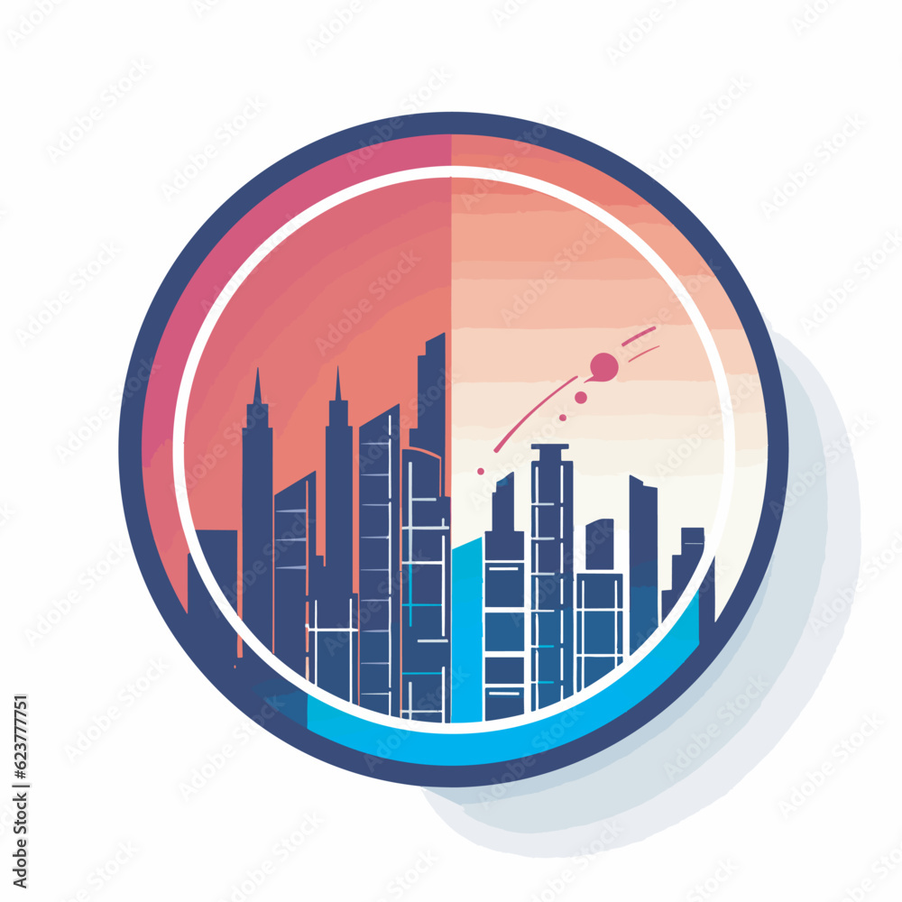 Vector of a cityscape in a circle with a red and blue background