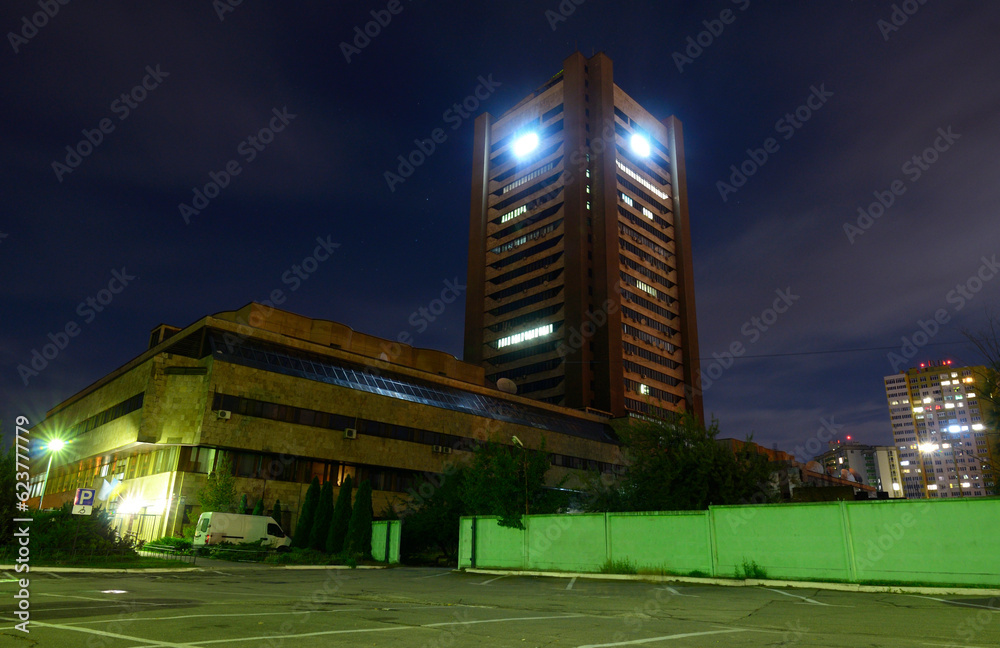 Building of the 1 national television channel of Ukraine, night view. Kyiv, Ukraine
