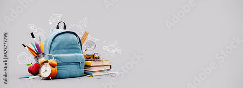 Blue school bag with books and school accessories on grey background with copy space. 3D Rendering, 3D Illustration