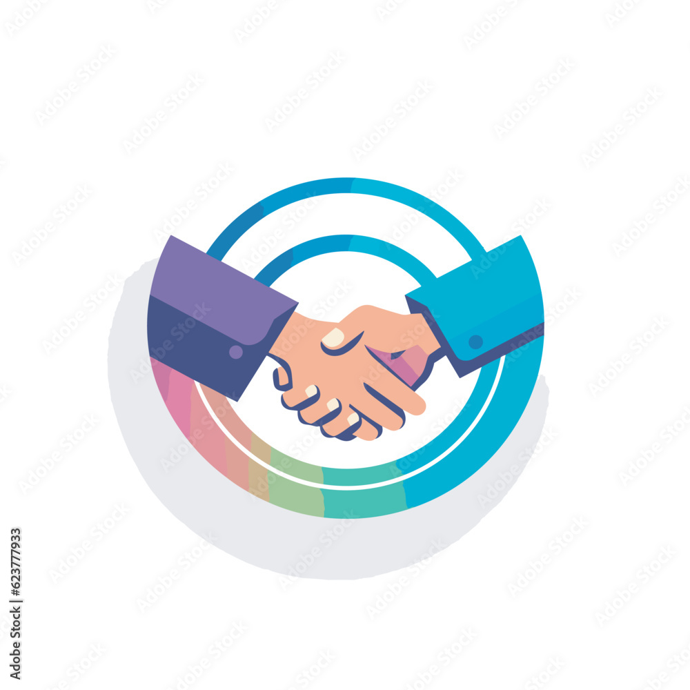 Vector of a flat icon representing a friendly handshake over a colorful rainbow circle Vector of a flat icon representing a friendly handshake over a colorful rainbow circle