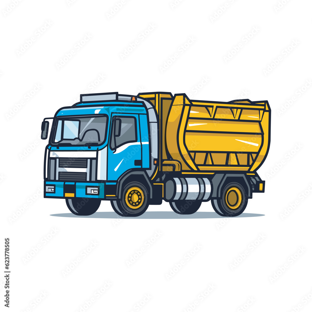Vector of a flat vector icon of a blue and yellow truck with a yellow trailer