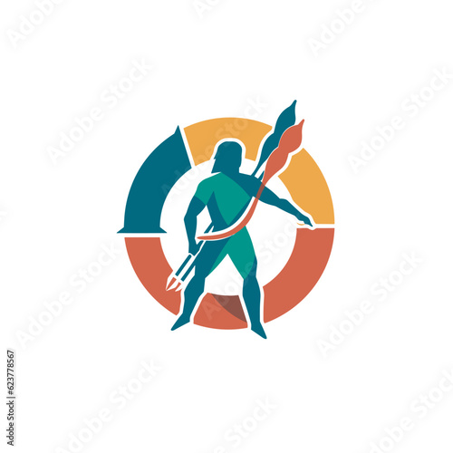 Vector of a flat icon vector of a man with a spear and shield in a circle