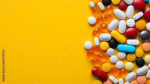 Colorful Pills and Capsules on Yellow Background. Health Care Banner.