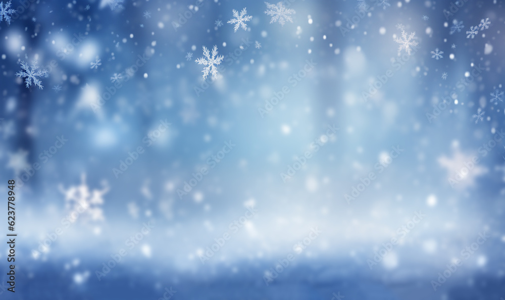 Magical winter background with snow,snowflakes and soft bokeh lights on blue sky,cold backdrop for Christmas. Snowy still life at frosty weather time blurred magical background