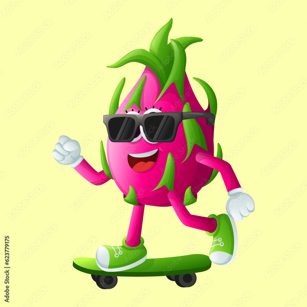 Cute dragon fruit character skateboarding Cute dragon fruit character skateboarding