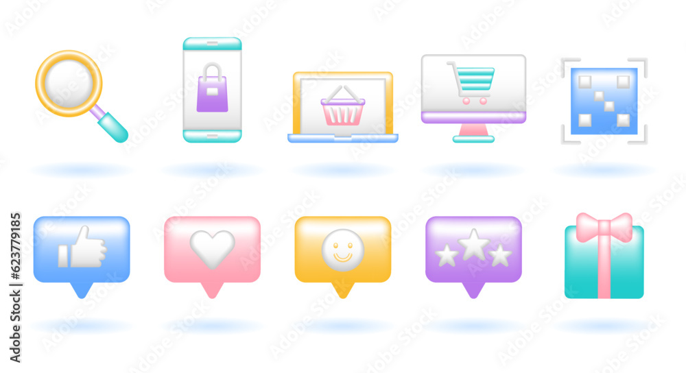 3D Icon Set of Online Shopping Concept. Search, Phone, Laptop, Computer, QR, Like, Love, Smile, Stars, Gift. Cute Realistic Cartoon Minimal Style. 3D Render Vector Icons UX UI Isolated Illustration. 3D Icon Set of Online Shopping Concept. Search, Phone, Laptop, Computer, QR, Like, Love, Smile, Stars, Gift. Cute Realistic Cartoon Minimal Style. 3D Render Vector Icons UX UI Isolated Illustration.