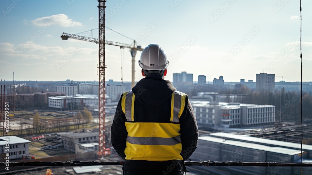 a men construction engineer wearing full ppe standing looking at construction site a men construction engineer wearing full ppe standing looking at construction site