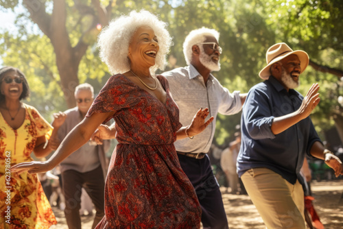 Group of diverse senior people dancing in park during festival.