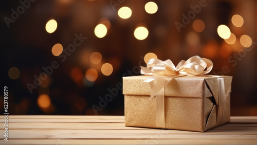 A gift box on table with beautiful bokeh festive and snow  background. © ant