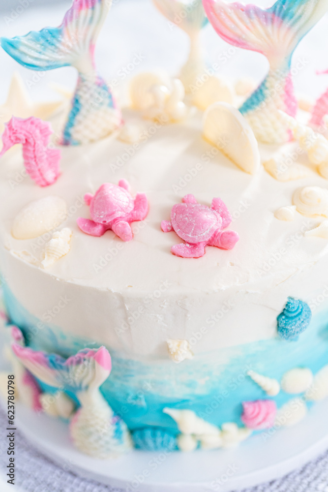 Mermaid themed 3 layer vanilla cake