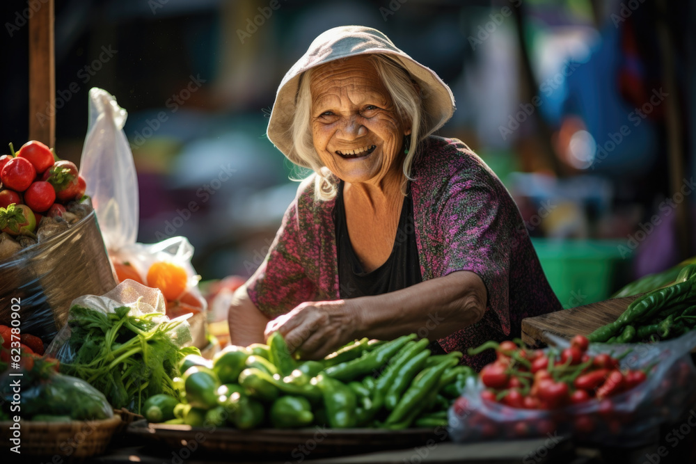 Happy senior woman selling vegetables looking at camera.