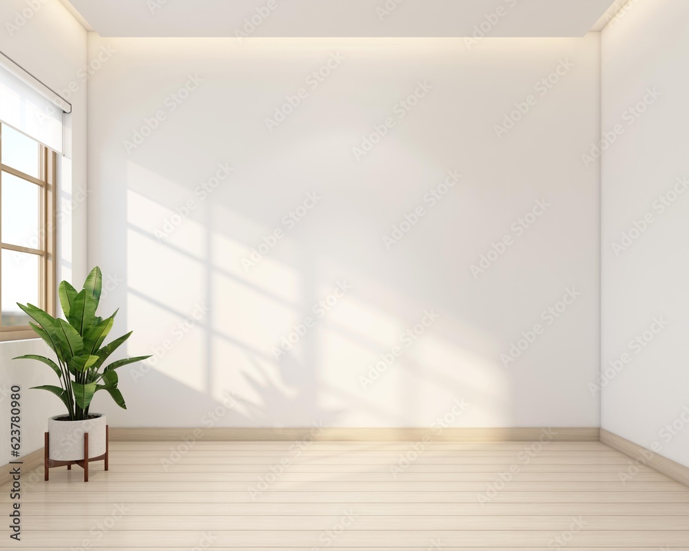 Empty room decorated with white wall and wood floor, indoor plant. 3d rendering Empty room decorated with white wall and wood floor, indoor plant. 3d rendering