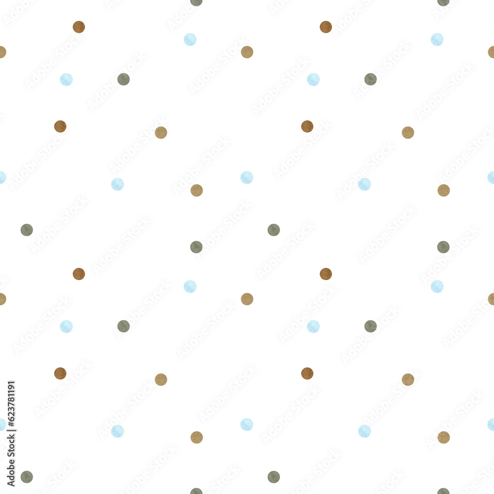 Multicolored seamless pattern of circles, polka dots, spots of blue, brown and black colors. Watercolor illustration highlighted on a white background. A set OF ANIMAL FACES. Suitable for textiles