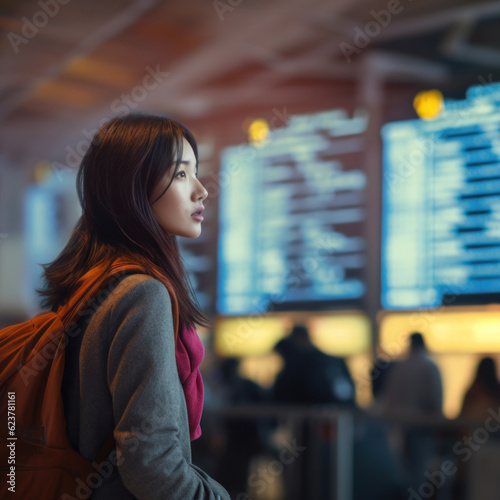 Young beautiful woman on holiday to travel at airport background.