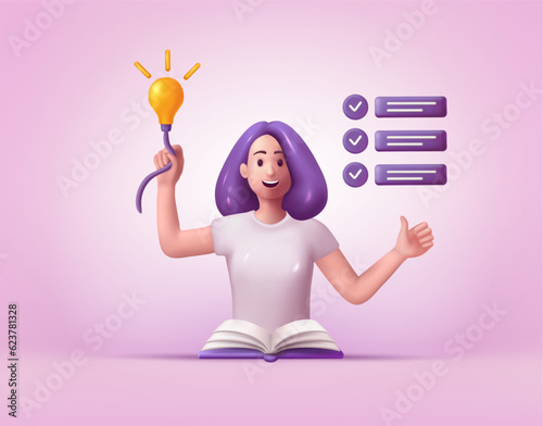 3D work character. Woman person with task from entrepreneurs. Idea light bulb. Project planning. Decision searching. Happy human with done goals list. Vector exact success illustration