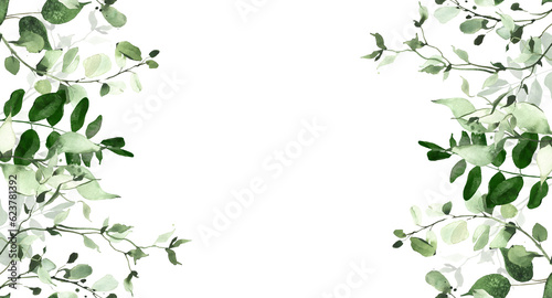 Watercolor painted greenery seamless frame. Green wild plants  branches  leaves and twigs. Isolated clipart.