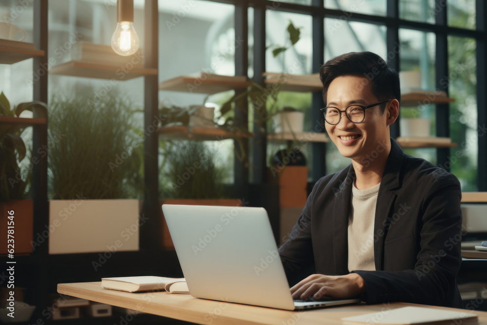 Man working with computer laptop on blur office background. Man working with computer laptop on blur office background.