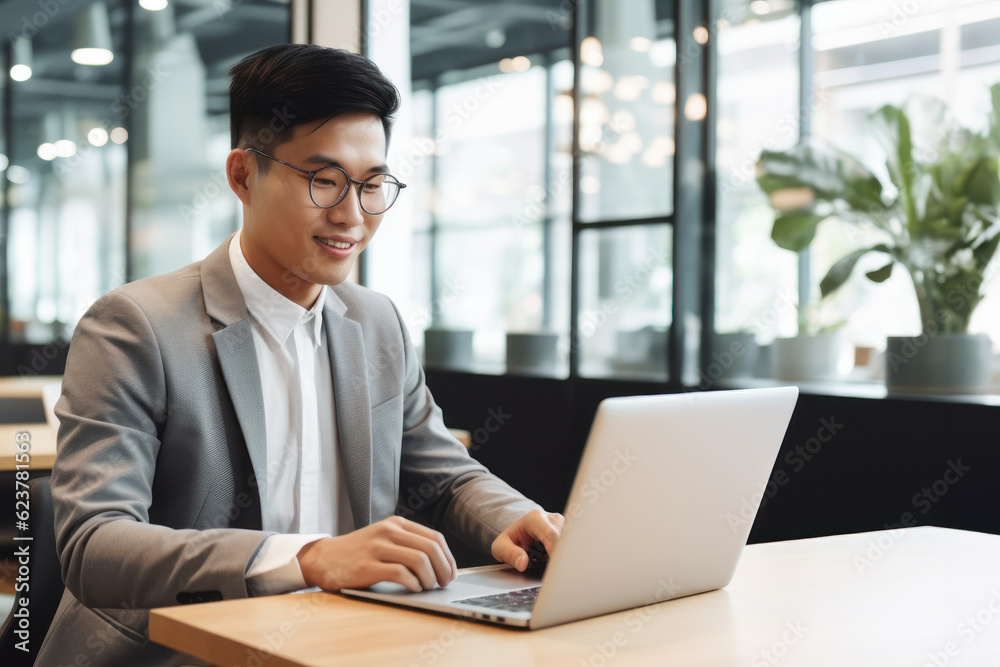 Man working with computer laptop on blur office background. Man working with computer laptop on blur office background.