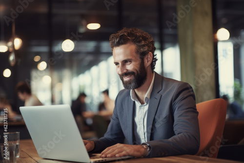 Man working with computer laptop on blur office background.