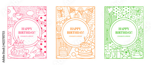 Happy birthday greeting card. Celebration sweet cake and presents. Holiday dessert. Line art. Anniversary congratulations. Flags or balloons. Invitation design. Festive banners vector set