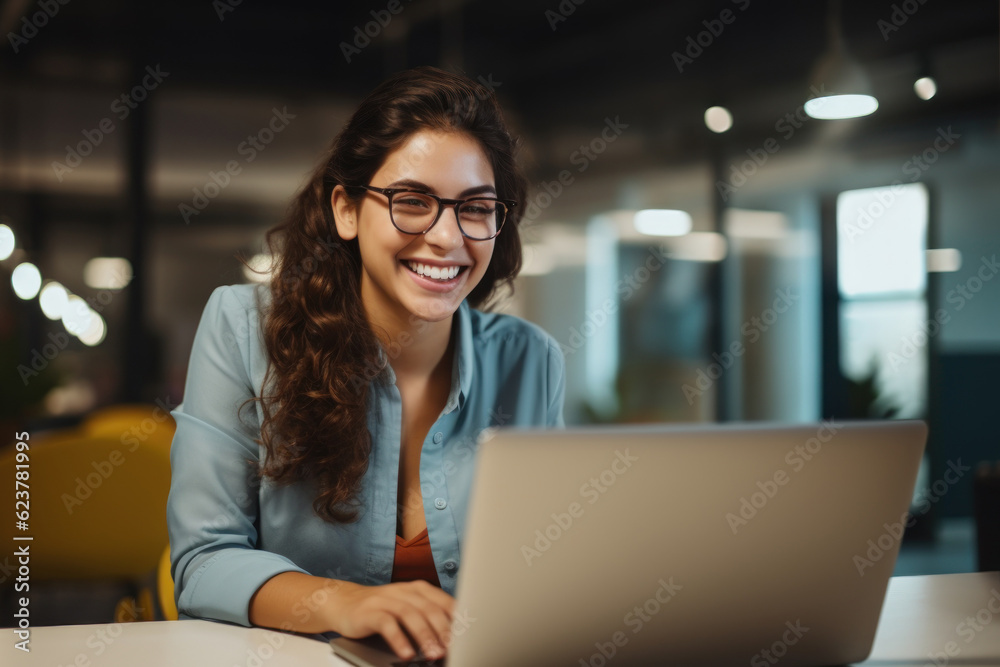 Young woman working with computer laptop on blur office background. generative ai. Young woman working with computer laptop on blur office background. generative ai.