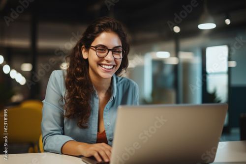 Young woman working with computer laptop on blur office background. generative ai.