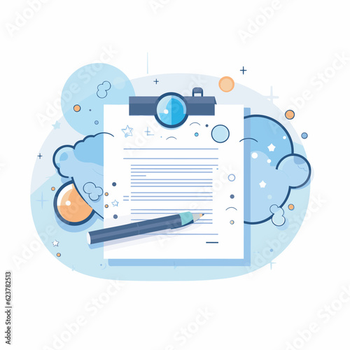 Vector of a flat icon of a piece of paper with a pencil and a magnifying glass on top