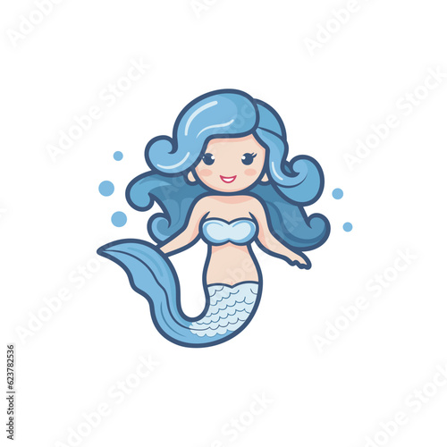Vector of a flat icon of a blue haired mermaid with a tail