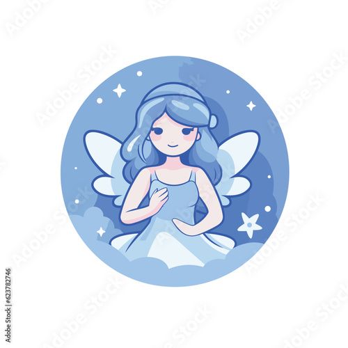 Vector of a girl in a blue dress with angel wings in a flat icon style