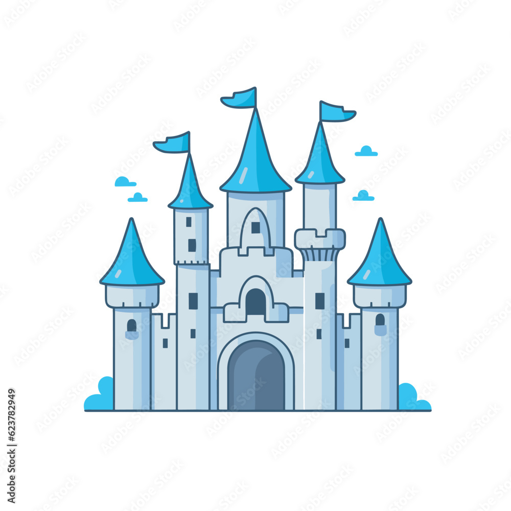 Vector of a white castle with blue turrets and flags