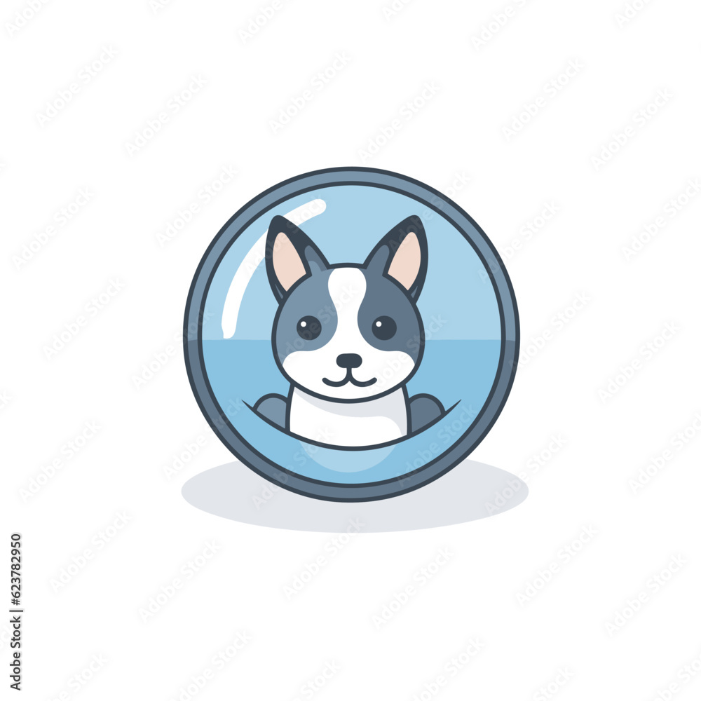 Vector of a small dog in a round glass with a black and white face Vector of a small dog in a round glass with a black and white face