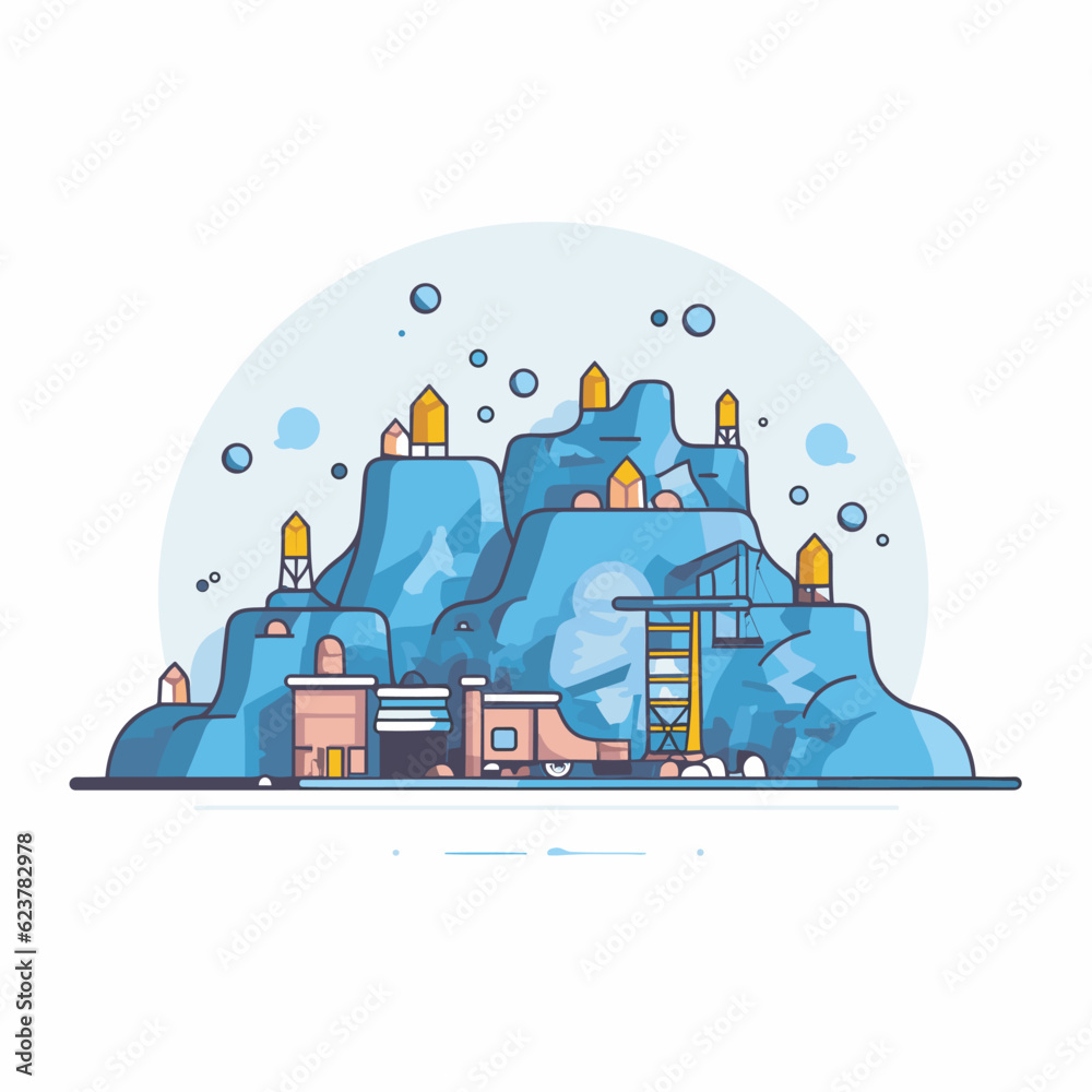 Vector of a cartoon mountain with a building on top Vector of a cartoon mountain with a building on top