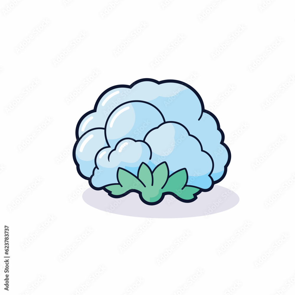 Vector of a flat icon of a blue cauliflower with green leaves on a white background Vector of a flat icon of a blue cauliflower with green leaves on a white background