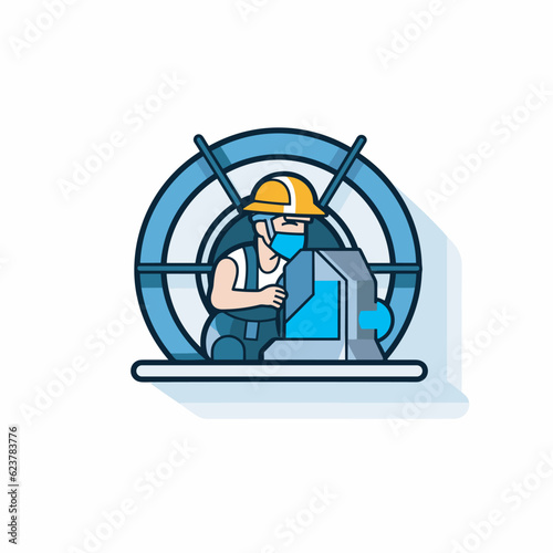 Vector of a man working on a computer while wearing a hard hat in a flat icon style