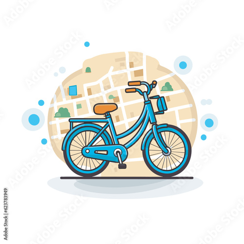 Vector of a blue bicycle parked in front of a map