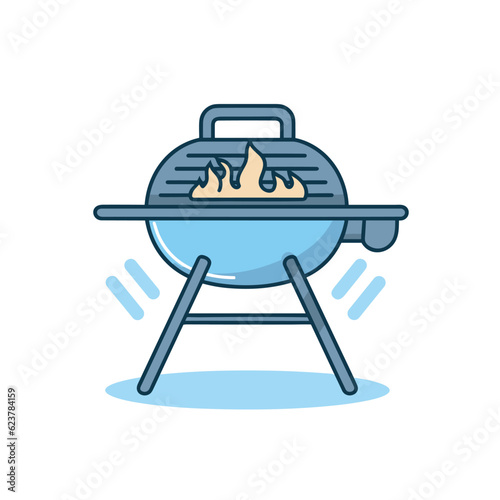 Vector of a blue BBQ grill with flames on it in a flat icon style