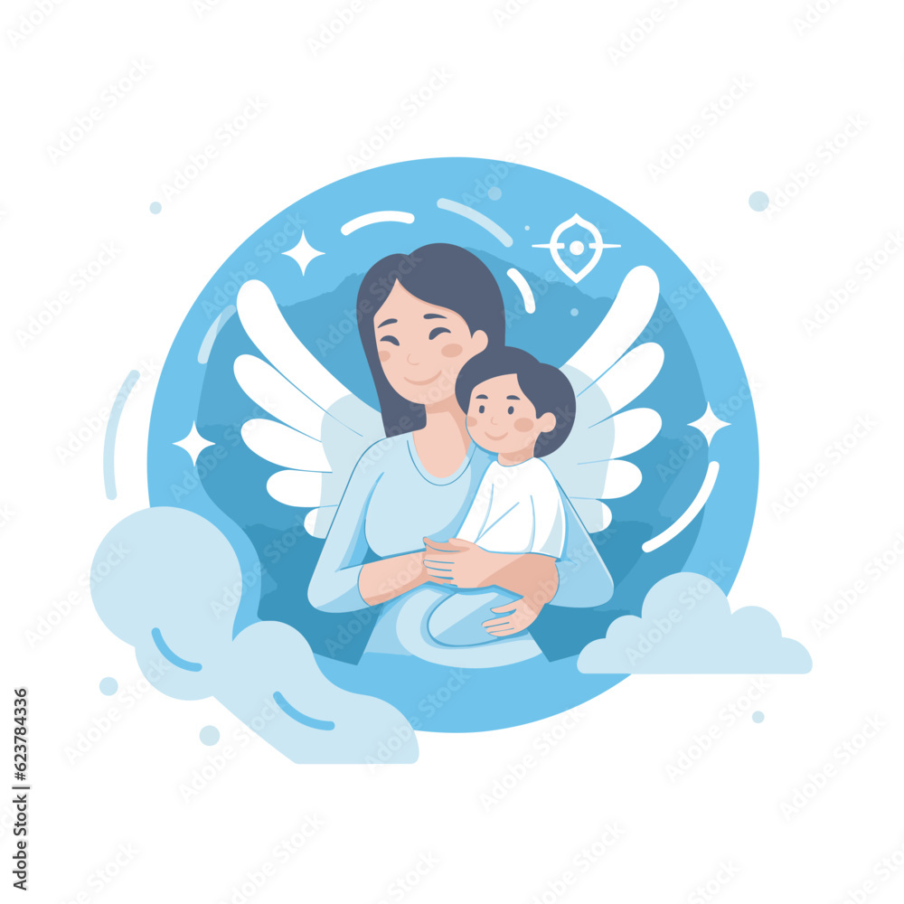 Vector of a flat icon depicting a woman holding a child in her arms Vector of a flat icon depicting a woman holding a child in her arms
