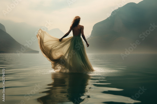 moody melancholic photoshoot on the water, woman wearing long flowing beautiful dress, neutral tones