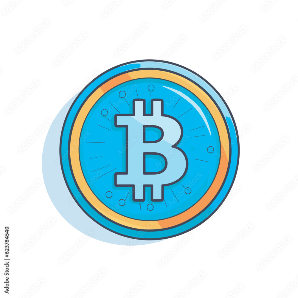 Vector of a flat icon of a blue bitcoin with a yellow stripe Vector of a flat icon of a blue bitcoin with a yellow stripe