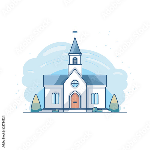 Obraz na plátne Vector of a church with a steeple and trees in a flat icon style
