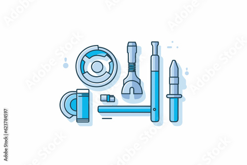 Vector of blue and white flat icons of various tools