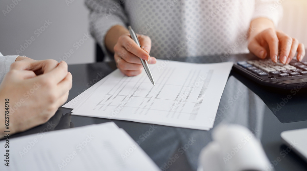 Fototapeta premium Woman accountant using a calculator and laptop computer while counting and discussing taxes with a client. Business audit and finance concepts