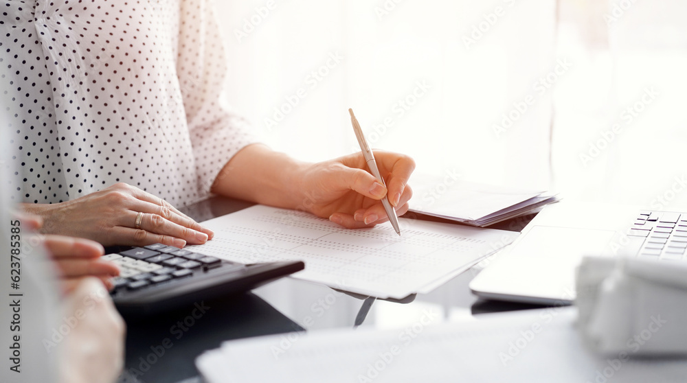 Woman accountant using a calculator and laptop computer while counting and discussing taxes with a client. Business audit and finance concepts Woman accountant using a calculator and laptop computer while counting and discussing taxes with a client. Business audit and finance concepts