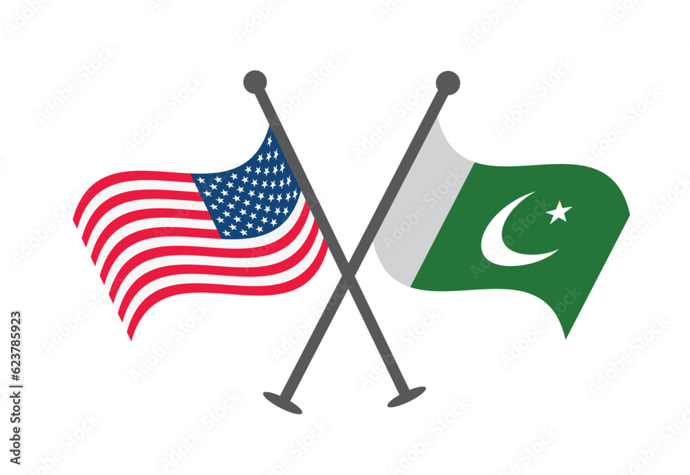 USA and  Pakistan cross flag design. Illustration of crossed united state of American and Pakistan flags. Design element for poster, card, banner, background, sign.