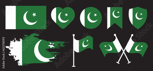 Pakistan flag vector design set. Pakistan flag design with love icon.