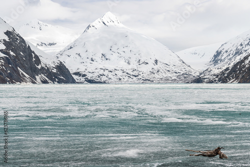 Ice sheets covering Portage Lake,  from the Begich Boggs Visitor Center with Bard Peak in the distance photo