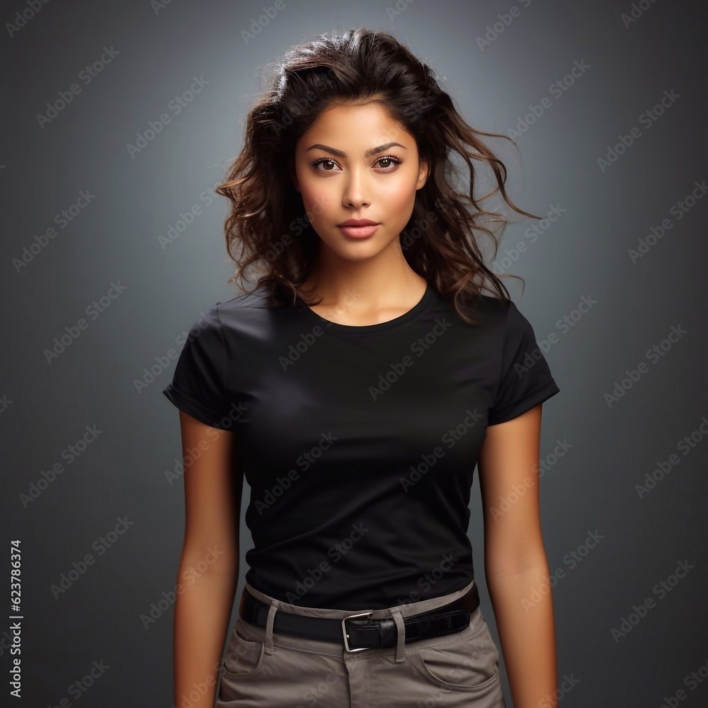 Beautiful young woman wearing black t-shirt mockup, at dark background. Design tshirt template. Print presentation mock-up. AI generation Beautiful young woman wearing black t-shirt mockup, at dark background. Design tshirt template. Print presentation mock-up. AI generation