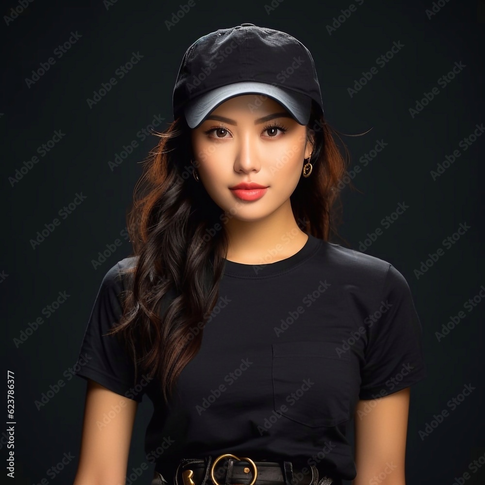 Beautiful young woman wearing black t-shirt mockup, at dark background. Design tshirt template. Print presentation mock-up. AI generation Beautiful young woman wearing black t-shirt mockup, at dark background. Design tshirt template. Print presentation mock-up. AI generation