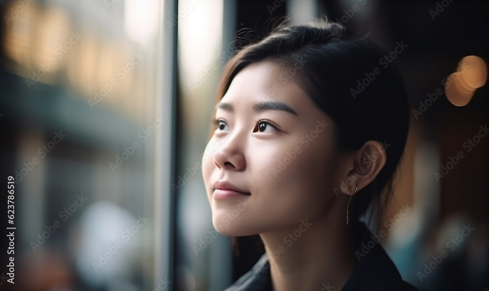 beautiful young adult asian woman standing outside with natural light, sun light smiling, copy space beautiful young adult asian woman standing outside with natural light, sun light smiling, copy space