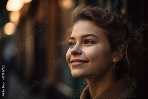 beautiful young adult woman standing outside with natural light, sun light smiling, copy space